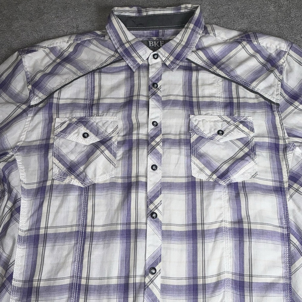 BKE Buckle Athletic Fit Pearl Snap‎ Purple Plaid Button Up Short Sleeve Mens 2XL